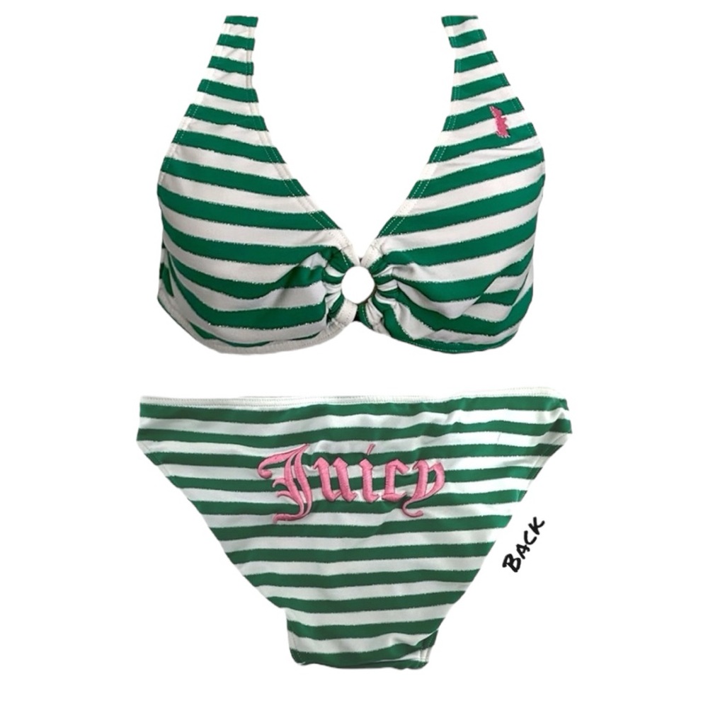 Juicy Couture Green White Stripe Y2K Halter Style Bikini Set - Size Medium